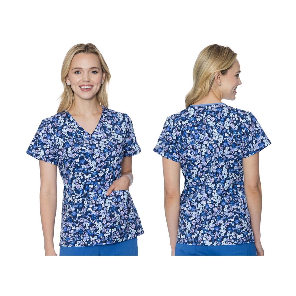 Med Couture Healthcare Scrub Top Womens XL Blue Floral V-Neck Short Sleeve